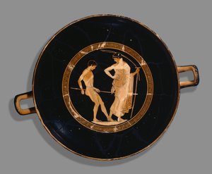 Coppa a figure rosse ateniese; raffigurazione di atleta e allenatore, 480 a.C.